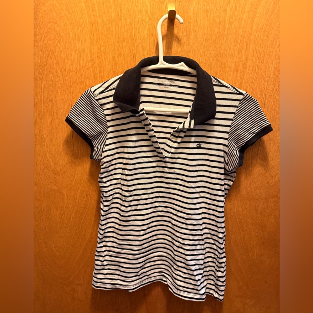 Calvin Klein Black and White Striped Polo Tee